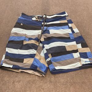 Patagonia Trunks Board Short Mens Size 29 Beach Blue Striped Swim Logo Wavefarer